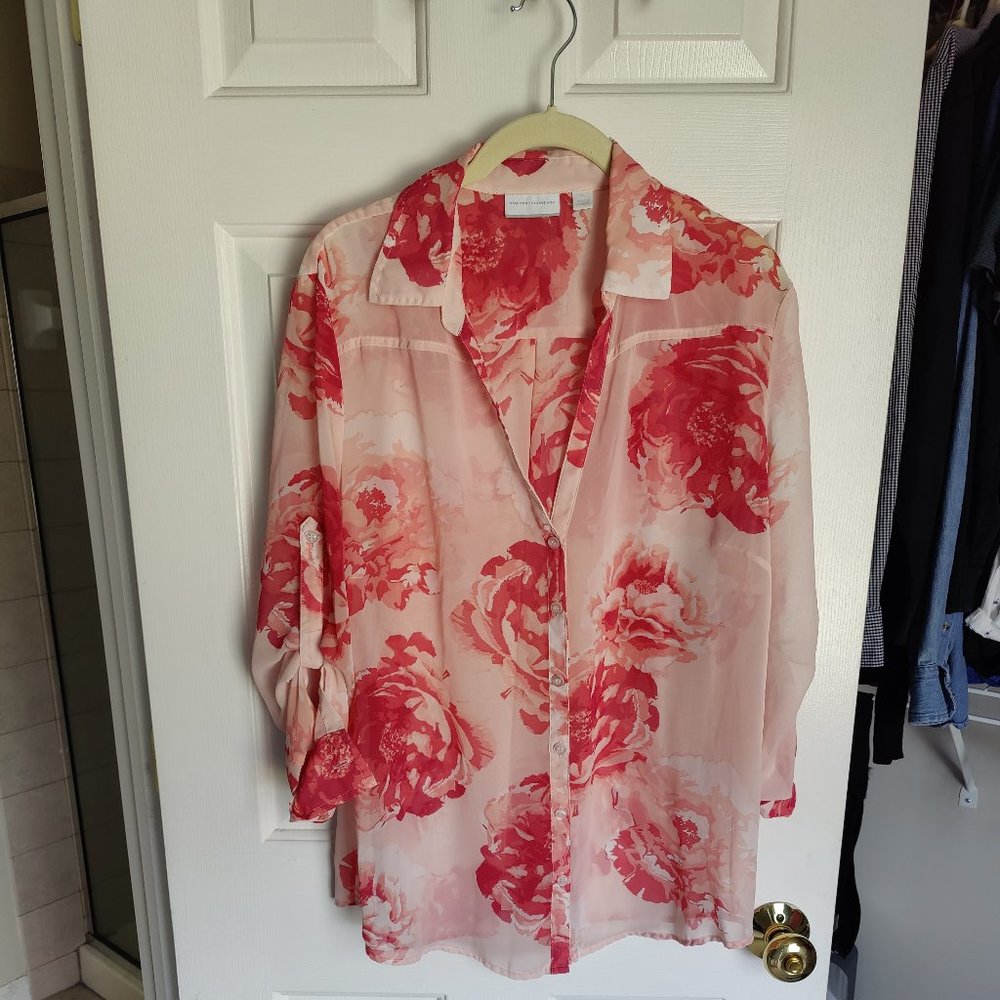 Sheer New York and Company  coral floral button up XL